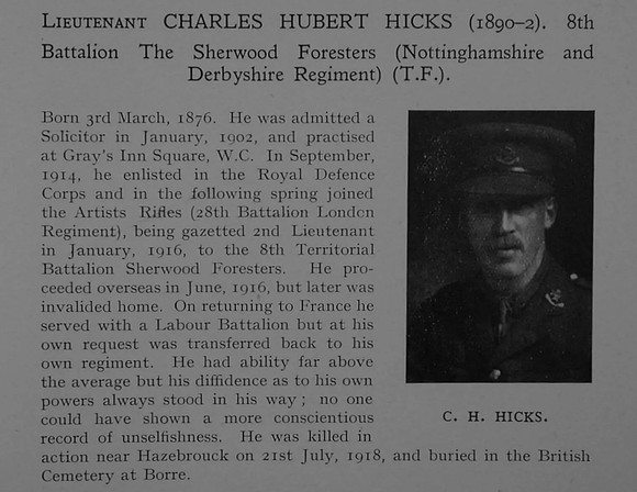 Hicks C H Lt 8th Notts & Derby Regiment (Sherwood Foresters) Obit Dulwich College Roll Of Honour
