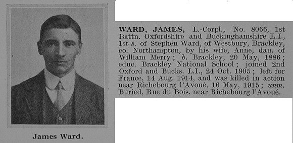 Ward J L/Cpl 8066 1st Oxford And Bucks Light Infantry Obit De Ruvignys Roll Of Honour Vol 1