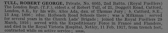 Tull R G Pte 6065 2nd London Regiment (Royal Fusiliers) Obit De Ruvignys Roll Of Honour Vol 4