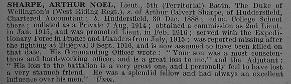 Sharpe A N Lt 5th West Riding Regiment Obit De Ruvignys Roll Of Honour Vol 4