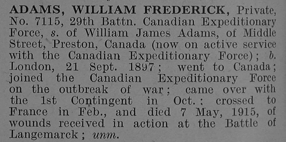 Adams W F Pte 7115 1st Canadian Infantry (Western Ontario Regiment) Short Obit De Ruvignys Roll Of Honour Vol 1