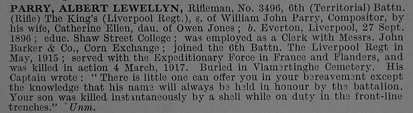 Parry A L Rfn 3496 6th Kings Liverpool Regiment Obit De Ruvignys Roll Of Honour Vol 4