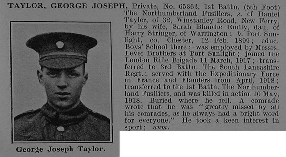 Taylor G J Pte 65363 1st Northumberland Fusiliers Obit De Ruvignys Roll Of Honour Vol 4