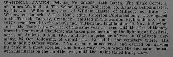 Waddell J Pte 304955 14th Tank Corps Obit De Ruvignys Roll Of Honour Vol 4