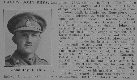 Davies J R 2nd Lt 23rd London Regiment Obit De Ruvignys Roll Of Honour Vol 3
