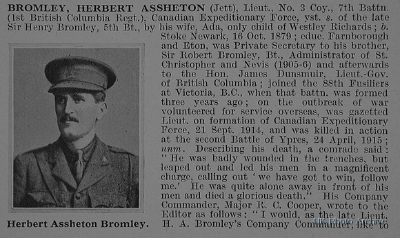 Bromley H A Lt 7th Canadian Infantry Obituary Part 1 De Ruvignys Roll Of Honour Vol 1