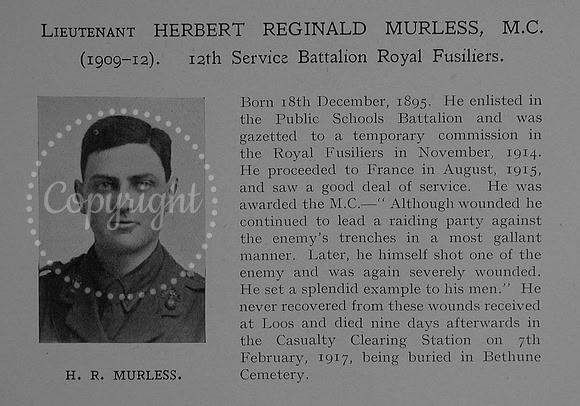 Murless H R Lt MC 12th Royal Fusiliers Obit Dulwich College Roll Of Honour Vol 4