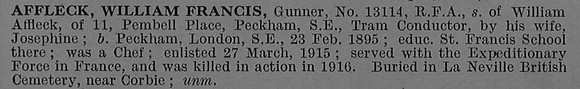 Affleck W F Gnr 13114 Royal Field Artillery Obit De Ruvignys Roll Of Honour Vol 4