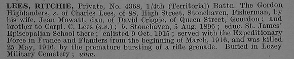 Lees R Pte 4368 4th Gordon Highlanders Obit De Ruvignys Roll Of Honour Vol 4