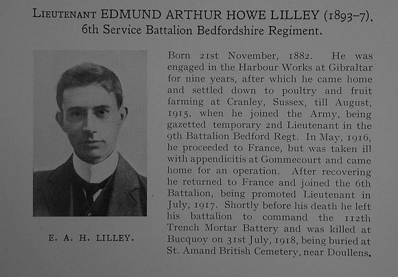 Lilley A H Lt 6th Bedfordshire Regiment Obit Dulwich College Roll Of Honour
