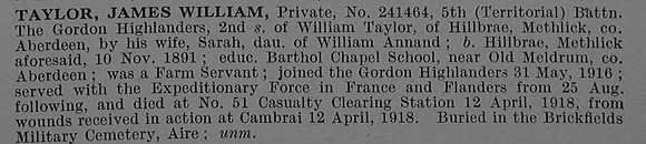 Taylor J W Pte 241464 5th Gordon Highlanders Obit De Ruvignys Roll Of Honour Vol 4
