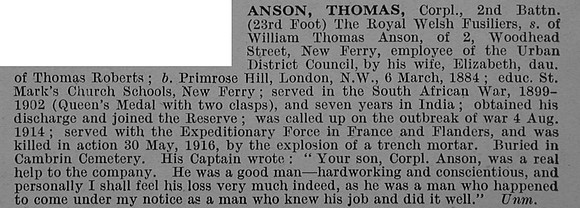 Anson T Cpl 2nd Royal Welsh Fusiliers Obit De Ruvignys Roll Of Honour Vol 4
