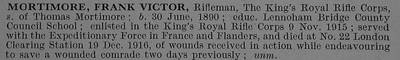 Mortimore F V Rfn R/16411 10th King's Royal Rifle Corps Short Obit De Ruvignys Roll Of Honour Vol 4