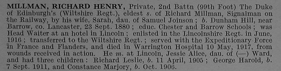 Millman R H Pte 26920 2nd Wiltshire Regiment Obit De Ruvignys Roll Of Honour Vol 4