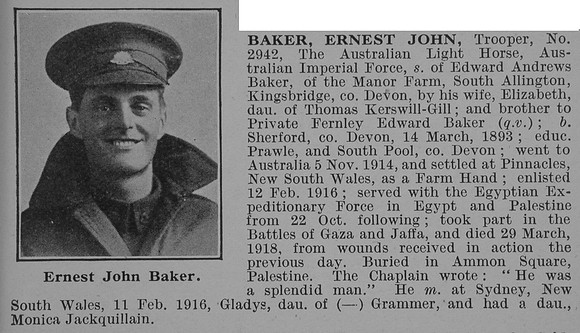 Baker E J Tpr Australian Light Horse AIF Obit De Ruvignys Roll Of Honour Vol 4