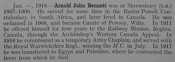 Bennett A J Rev MC Army Chaplain Obit Shrewsbury School Roll Of Service