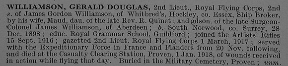 Williamson G D 2nd Lt Royal Flying Corps Obit De Ruvignys Roll Of Honour Vol 4