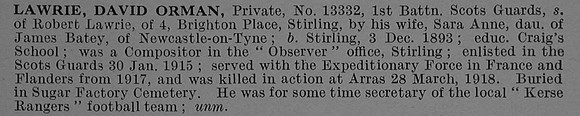 Lawrie D O Pte 13332 1st Scots Guards Obit De Ruvignys Roll Of Honour Vol 4