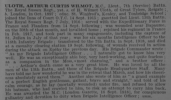 Uloth A C W Lt MC 7th Royal Sussex Regiment Obit De Ruvignys Roll Of Honour Vol 4