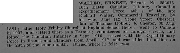 Waller E Pte 252615 10th Canadian Infantry (Alberta Regiment) Obit De Ruvignys Roll Of Honour Vol 4