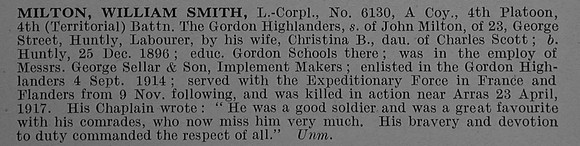 Milton W S L/Cpl 6130 4th Gordon Highlanders Obit De Ruvignys Roll Of Honour Vol 4