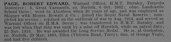 Page R E Warrant Officer HMT Burnley Royal Naval Reserve Obit De Ruvignys Roll Of Honour Vol 4