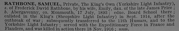 Rathbone S Pte 23338 2nd King's Own Yorkshire Light Infantry Short Obit De Ruvignys Roll Of Honour Vol 4