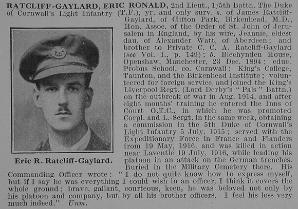 Ratcliffe-Gaylard E R 2nd Lt DCLI Obit De Ruvignys Roll Of Honour Vol 4
