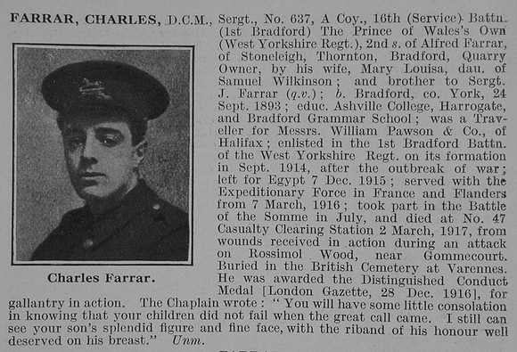 Farrar C Sergt DCM 16th West Yorkshire Regiment Obit De Ruvignys Roll Of Honour Vol 3