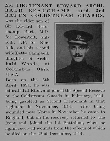 Beauchamp E A 2nd Lt 3rd Coldstream Guards Obit The Bond Of Sacrifice Vol 1