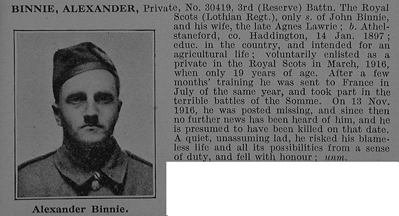Binnie A Pte 30419 3rd Attd 2nd Royal Scots Obit De Ruvignys Roll Of Honour Vol 4