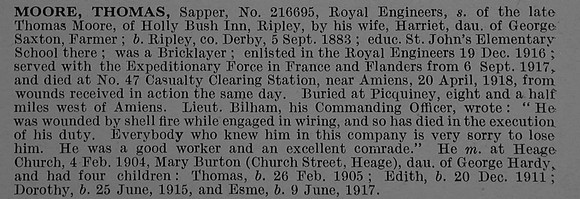 Moore T Sapper 216695 Royal Engineers Obit De Ruvignys Roll Of Honour Vol 4
