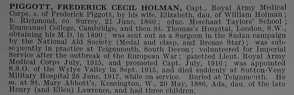 Piggott F C H Captain Royal Army Medical Corps Obit De Ruvgnys Roll Of Honour Vol 4