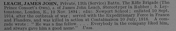 Leach J J Pte S/3673 13th Rifle Brigade Obit De Ruvignys Roll Of Honour Vol 4