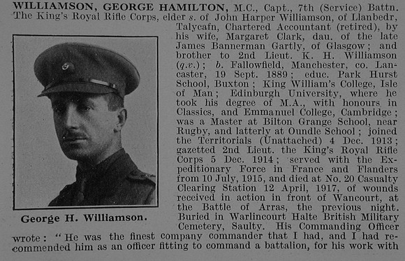 Williamson G H Captain MC 7th Kings Royal Rifle Corps Obit Part 1 De Ruvignys Roll Of Honour Vol 3