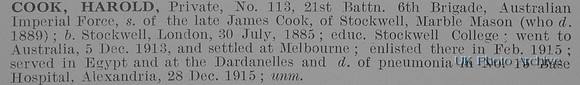 Cook H Pte 113 21st Australian Infantry Obit De Ruvignys Roll Of Honour Vol