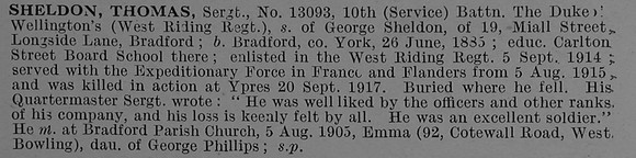 Sheldon T Sergt 13093 10th West Riding Regiment Obit De Ruvignys Roll Of Honour Vol 4