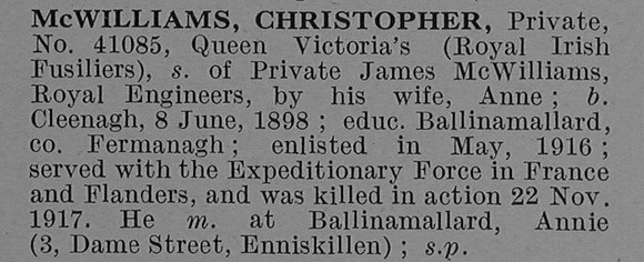 McWilliams C Pte 41085 9th Royal Irish Fusiliers Short Obit De Ruvignys Roll Of Honour Vol 4