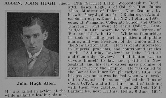 Allen J H Lt 13th Worcestershire Regiment Obit