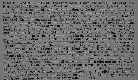 Watt J 2nd Lt 4th Royal Scots Attd Royal Flying Corps Obit De Ruvignys Roll Of Honour Vol 4