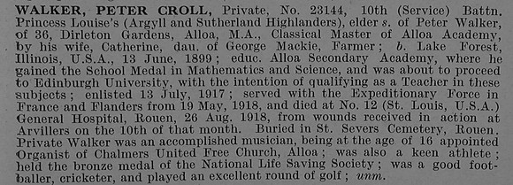 Walker P C Pte 23144 10th Argyll & Sutherland Highlanders Obit De Ruvignys Roll Of Honour Vol 4