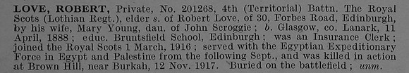 Love R Pte 201268 4th Royal Scots Obit De Ruvignys Roll Of Honour Vol 4