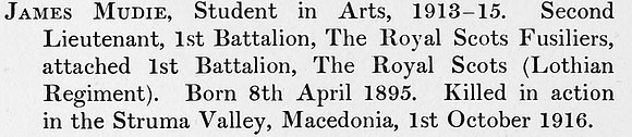Mudie J 2nd Lt 1st Royal Scots Fusiliers Obit St Andrews University Roll Of Honour