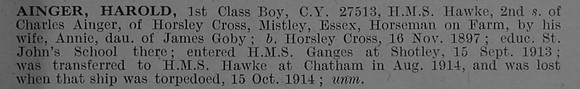 Ainger H 1st Class Boy 27513 HMS Hawke Royal Navy Short Obit De Ruvignys Roll Of Honour Vol 1