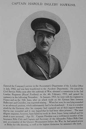 Hawkins H I Captain 2nd London Regiment Northern Assurance Co War Record