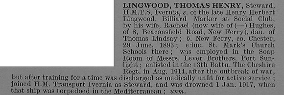 Lingwood T H Steward S.S. Ivernia (Liverpool) Mercantile Marine Obit De Ruvignys Roll Of Honour Vol 4