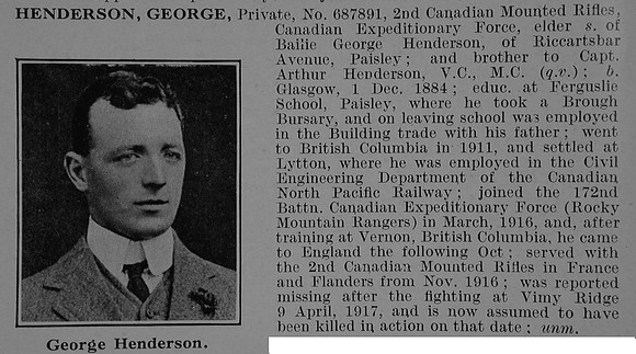 Henderson G Pte 6878912nd Canadian Mounted Rifles Obit De Ruvignys Roll Of Honour Vol 5