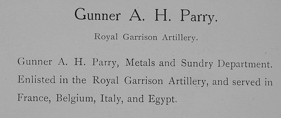 Parry A H Gnr Royal Garrison Artillery Record William Graham Co Roll Of Honour