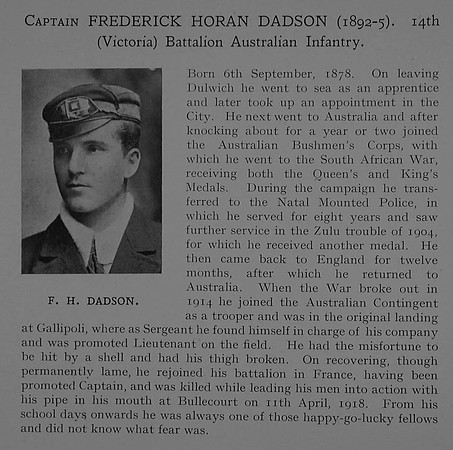 Dadson F H Captain 14th Australian Infantry, A.I.F.Obit Dulwich College Roll Of Honour