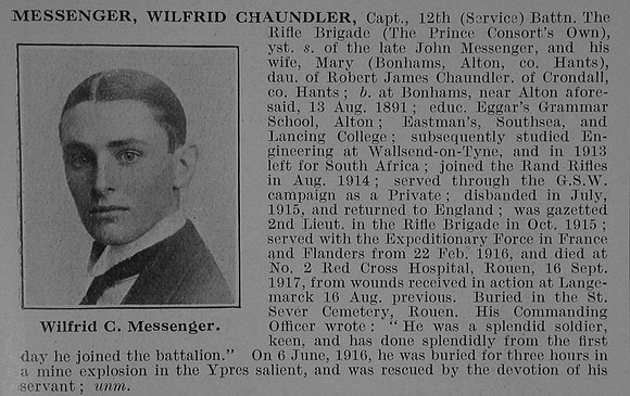 Messenger W C Captain 12th Rifle Brigade Obit De Ruvignys Roll Of Honour Vol 3